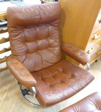 MCM CHROME AND LEATHER ARMCHAIR WITH FOOTSTOOL