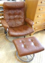 MCM CHROME AND LEATHER ARMCHAIR WITH FOOTSTOOL