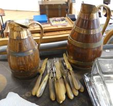 TWO OAK JUGS, BONE HANDLED CUTLERY AND BUTTER DISH