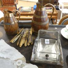 TWO OAK JUGS, BONE HANDLED CUTLERY AND BUTTER DISH