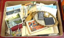 TWO BOXES OF POSTCARDS, FRAMES, ETC.