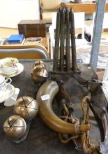 SLEIGH BELLS, POWDER HORN, CANDLE MOLD AND SKATES