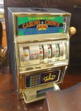 SLOT MACHINE, POKER CHIPS AND CLOCK