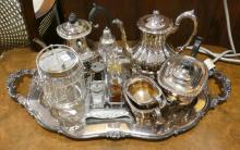SILVER PLATE TEA SERVICE AND ACCESSORIES