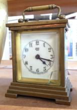 CARRIAGE CLOCK, CANDLESTICKS AND VASE