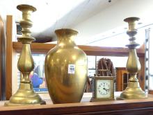 CARRIAGE CLOCK, CANDLESTICKS AND VASE