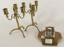 PAIR OF CANDELABRA AND INKWELL