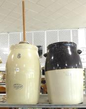 TWO STONEWARE BUTTER CHURNS