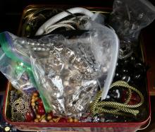 BOX AND TIN OF FASHION JEWELLERY