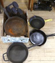 CAST IRON FRYING PANS AND TRAY