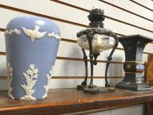 TWO VASES AND OIL LAMP