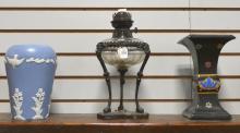 TWO VASES AND OIL LAMP