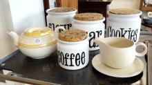 CANISTER SET, TEAPOT AND MILK PITCHER