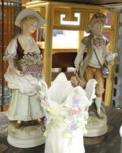 FIGURINES, VASE, COMPOTE AND SERVING BOWL