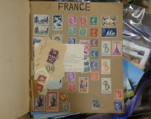 STAMPS, POSTCARDS AND BADGES