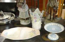FIGURINES, VASE, COMPOTE AND SERVING BOWL