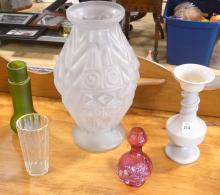 FOUR GLASS VASES AND TUMBLER