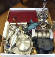 ASSORTED METAL WARE AND BINOCULARS