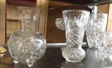 FIVE CRYSTAL VASES AND COMPOTE