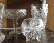 FIVE CRYSTAL VASES AND COMPOTE