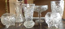 FIVE CRYSTAL VASES AND COMPOTE