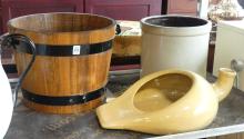 STONEWARE CROCKS, WOODEN BUCKET, ETC.