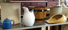 STONEWARE CROCKS, WOODEN BUCKET, ETC.