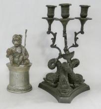 BRONZE CANDELABRUM AND FIGURINE