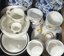 BOX LOT OF KITCHEN DISHES AND TEAPOTS