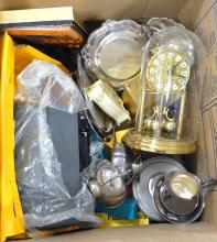 BOX LOT OF CLOCKS, CUTLERY, ETC.