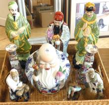 CHINESE FIGURINES, CANDLESTICKS AND BOWL