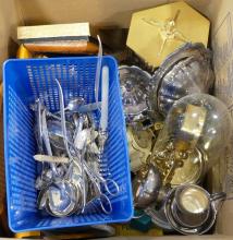 BOX LOT OF CLOCKS, CUTLERY, ETC.