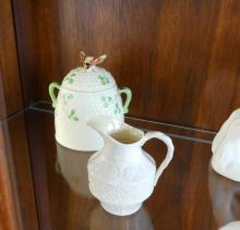 HORSE FIGURINES, BELLEEK AND HONEY POT