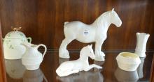 HORSE FIGURINES, BELLEEK AND HONEY POT