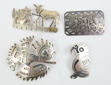 4 STERLING BROOCHES