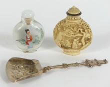 TWO SNUFF BOTTLES & SPOON