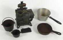 ANTIQUE TOY SEWING MACHINE & CAST IRON STOVE