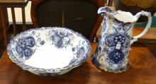 FLOW BLUE WASH PITCHER AND BASIN
