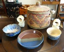 BASKET, ART POTTERY AND BOOKENDS