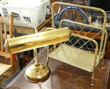 BRASS MAGAZINE RACK AND PIANO LAMP