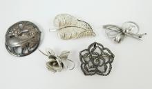 5 STERLING BROOCHES