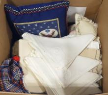 BOX LOT OF LINENS AND PLUSH TOYS