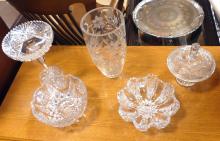 CRYSTAL BOWLS, VASE AND COMPOTE