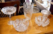 CRYSTAL BOWLS, VASE AND COMPOTE
