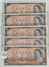 5 CANADIAN UNCIRCULATED $2 NOTES