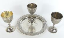 THREE WINE GOBLETS & TRAY