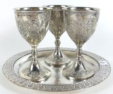 THREE WINE GOBLETS & TRAY