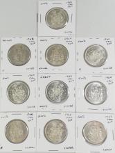10 CANADIAN SILVER 50-CENT COINS