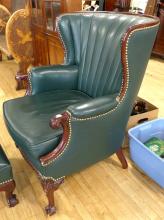 GREEN LEATHER LIBRARY CHAIR AND FOOTSTOOL