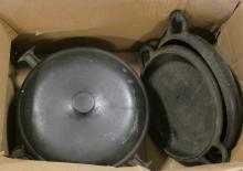 CAST IRON POTS, SKILLETS AND COFFEE GRINDER
